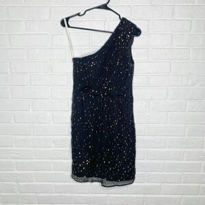 Shoshanna One Shoulder Black Gold Polka Dot Dress Silk Size 4